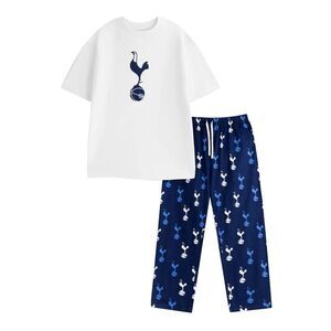 Tottenham Hotspur FC Mens Crest Short-Sleeved Long Pyjama Set / White/Navy